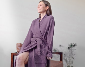 4 Layers Muslin Robe from Organic Cotton, Adult Unisex Dressing Gown, Soft Muslin Kimono with Pocket