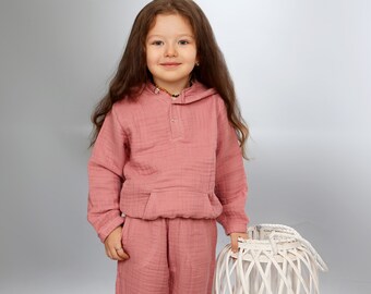 Bio-Baumwolle 4-Schicht-Musselin-Kinderkleidung, für Kinder Hoodie und Hose Outfit Jungen oder Mädchen, 3 bis 7 Jahre alt