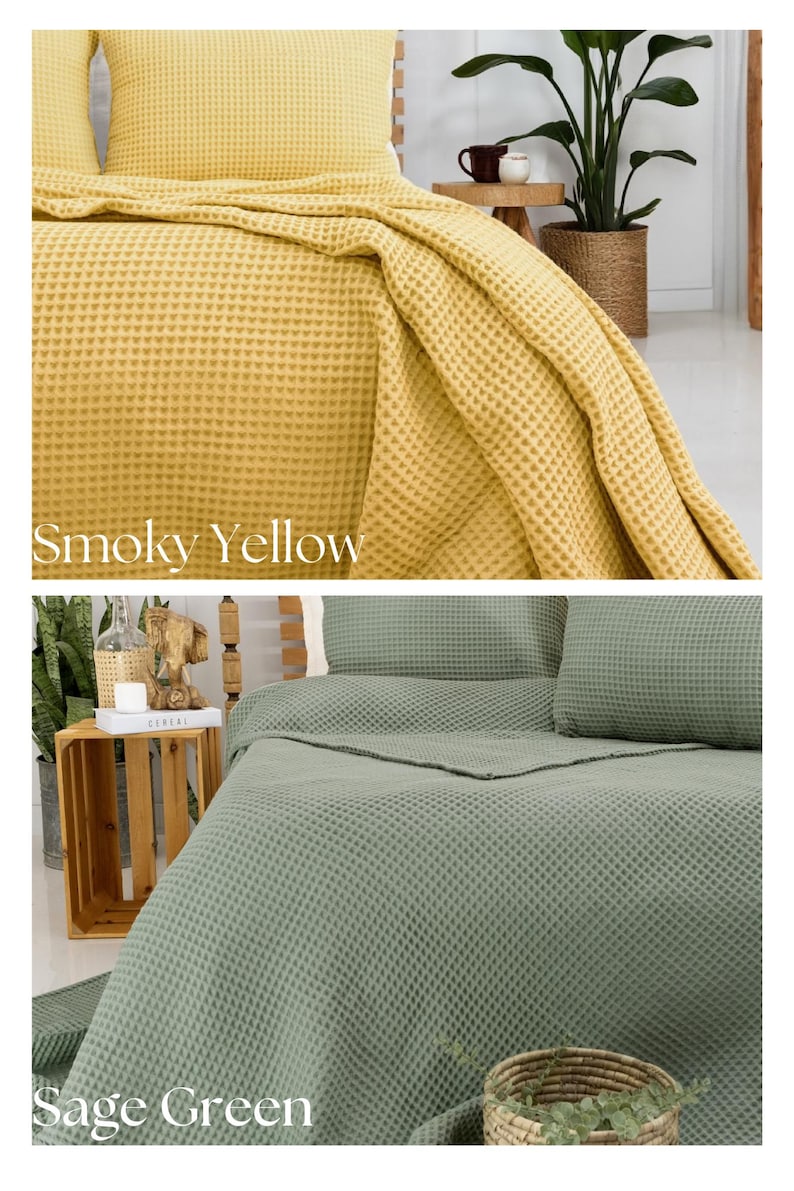 May include: Two waffle-weave bedspreads in smoky yellow and sage green. The yellow bedding is draped over a bed with matching pillows. The sage green bedding is neatly arranged with pillows and a folded blanket. The text "Smoky Yellow" and "Sage Green" are visible.