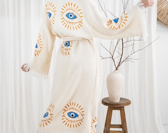 Handmade Evil Eye Muslin Kimono: Organic Cotton Loungewear