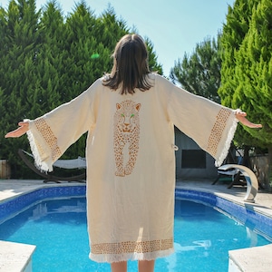 Handmade Evil Eye Muslin Kimono, Ethnic Kaftan, Dressing Gown, , Organic Cotton Bathrobe, Yoga Robe, Muslin Boho Cardigan Leopard