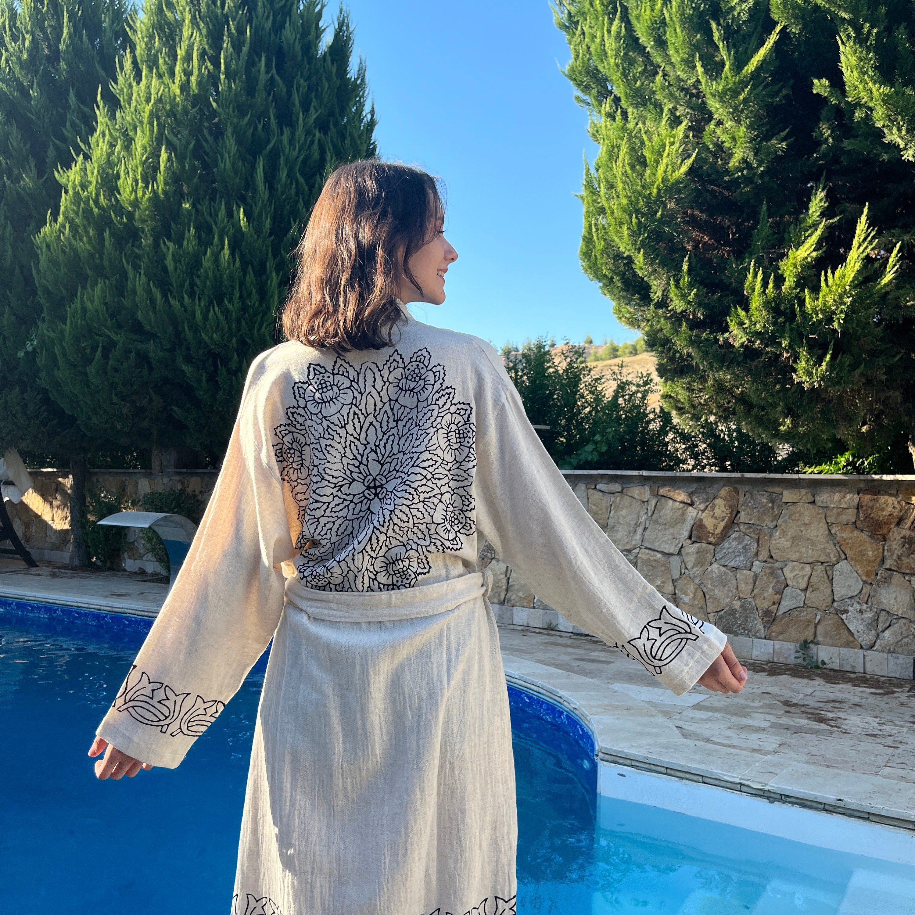 Organic Handmade Linen Robe, Soft and Lightweight Linen Kimono, Pockets Linen Dressing Gown, Linen Boho Cardigan, Linen Loungewear
