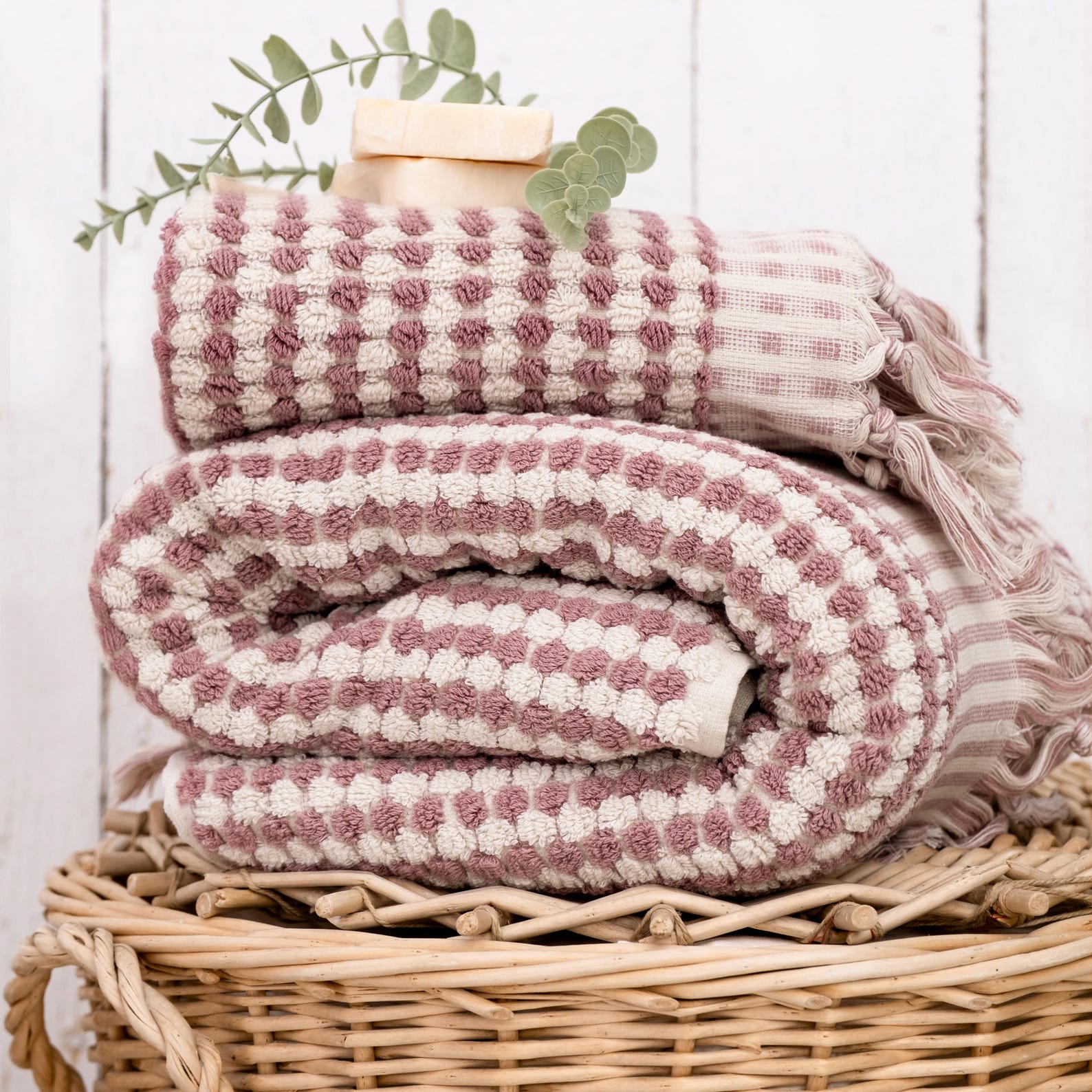 Organic Cotton Turkish Hand Towel: Handwoven Bubble Tassel Towel - Dried Rose
