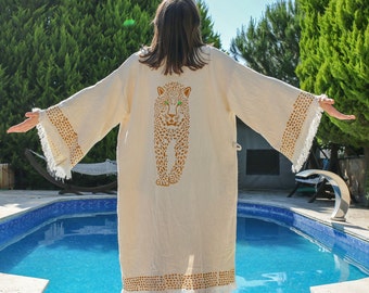 Handmade Muslin Kimono, Organic Cotton Robe, Ethnic Kaftan, Dressing gown, Boho Kimono, Boho Beachwear Cover Up, Yoga Cardigan, Yoga Robe