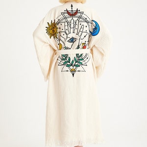 Handmade Evil Eye Muslin Kimono, Ethnic Kaftan, Dressing Gown, , Organic Cotton Bathrobe, Yoga Robe, Muslin Boho Cardigan Sun,Stars,Moon