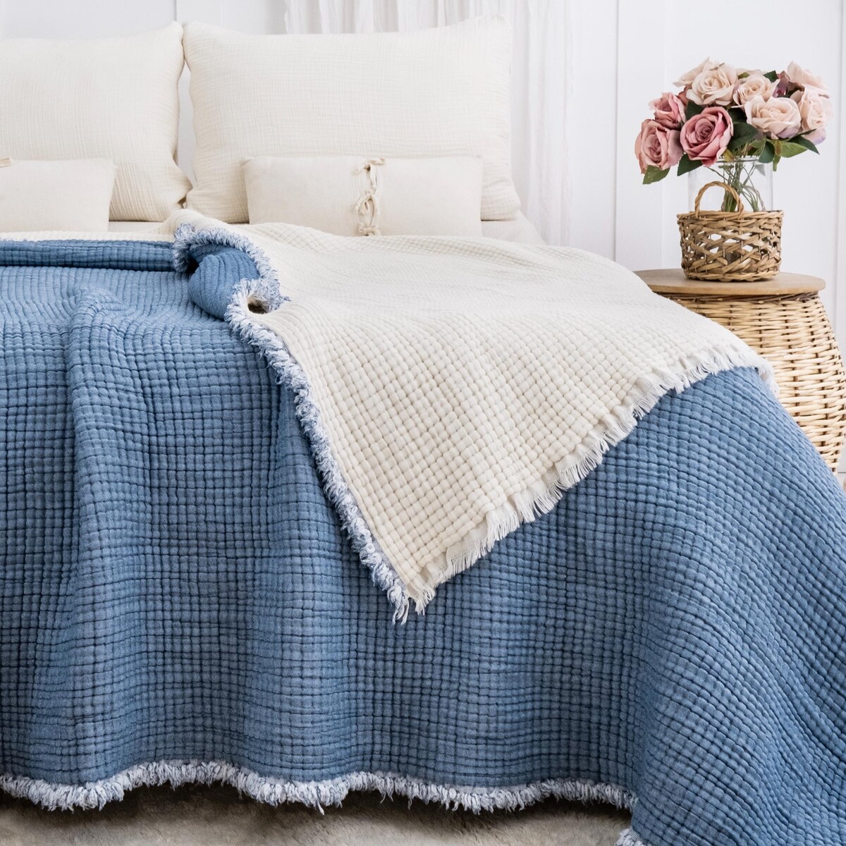 King Size Muslin Comforter, Light Petrol Blue Thick and Soft %100 Organic Cotton Quilt, Cotton Bed Cover, Unique Natural Housewarming Gift - Etsy