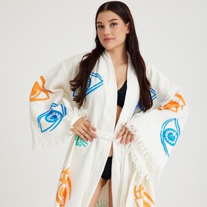 Kimono en mousseline Evil Eye fait main, caftan ethnique, robe de chambre, peignoir en coton bio, robe de yoga, cardigan boho en mousseline Colorful Evil Eye