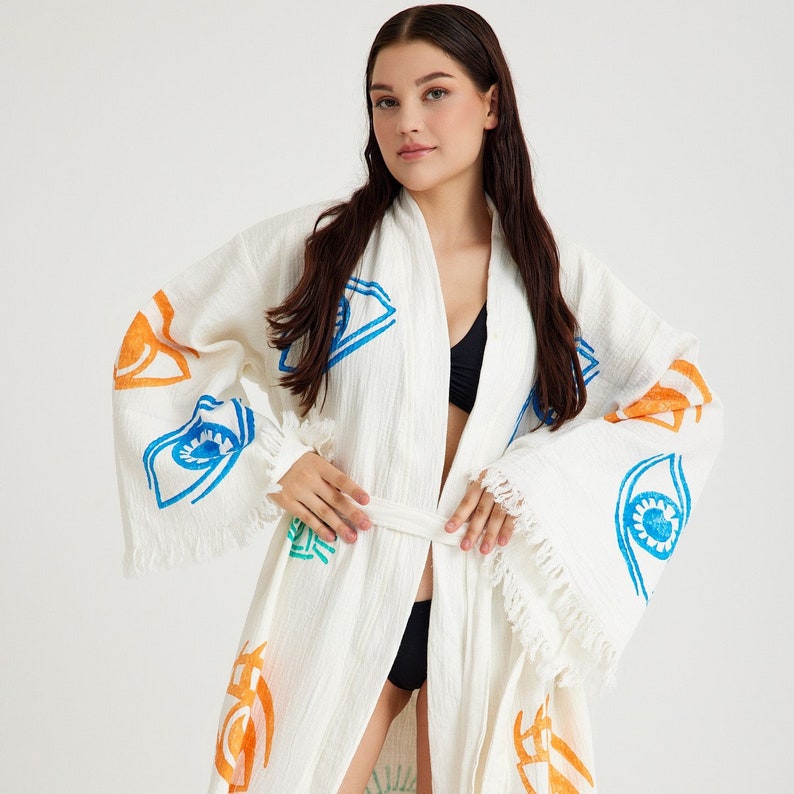 Handmade Evil Eye Muslin Kimono, Ethnic Kaftan, Dressing Gown, , Organic Cotton Bathrobe, Yoga Robe, Muslin Boho Cardigan Colorful Evil Eye