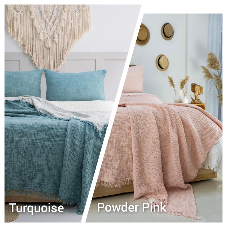 May include: Two beds with turquoise and powder pink bedding. Each bed has a textured throw blanket with fringe, matching pillowcases, and a white sheet. The text "Turquoise" and "Powder Pink" are displayed below each bed.