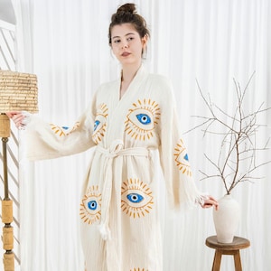 Handmade Evil Eye Muslin Kimono, Soft Cotton Dressing Gown, , Organic Cotton Bathrobe, Yoga Robe, Boho Festival Robe