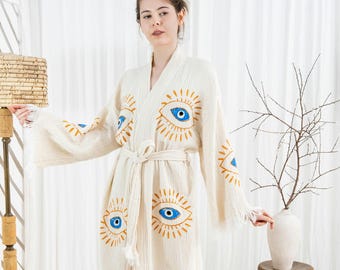 Handmade Evil Eye Muslin Kimono: Organic Cotton Boho Robe
