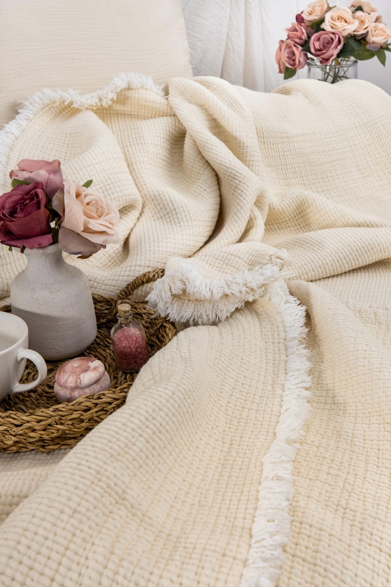 Organic Cotton Muslin Comforter, King Size Throw, Soft Cotton Quilt Ecru