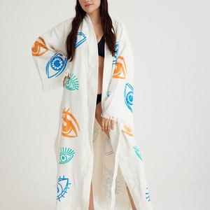 Handmade Evil Eye Muslin Kimono, Ethnic Kaftan, Dressing Gown, , Organic Cotton Bathrobe, Yoga Robe, Muslin Boho Cardigan image 6