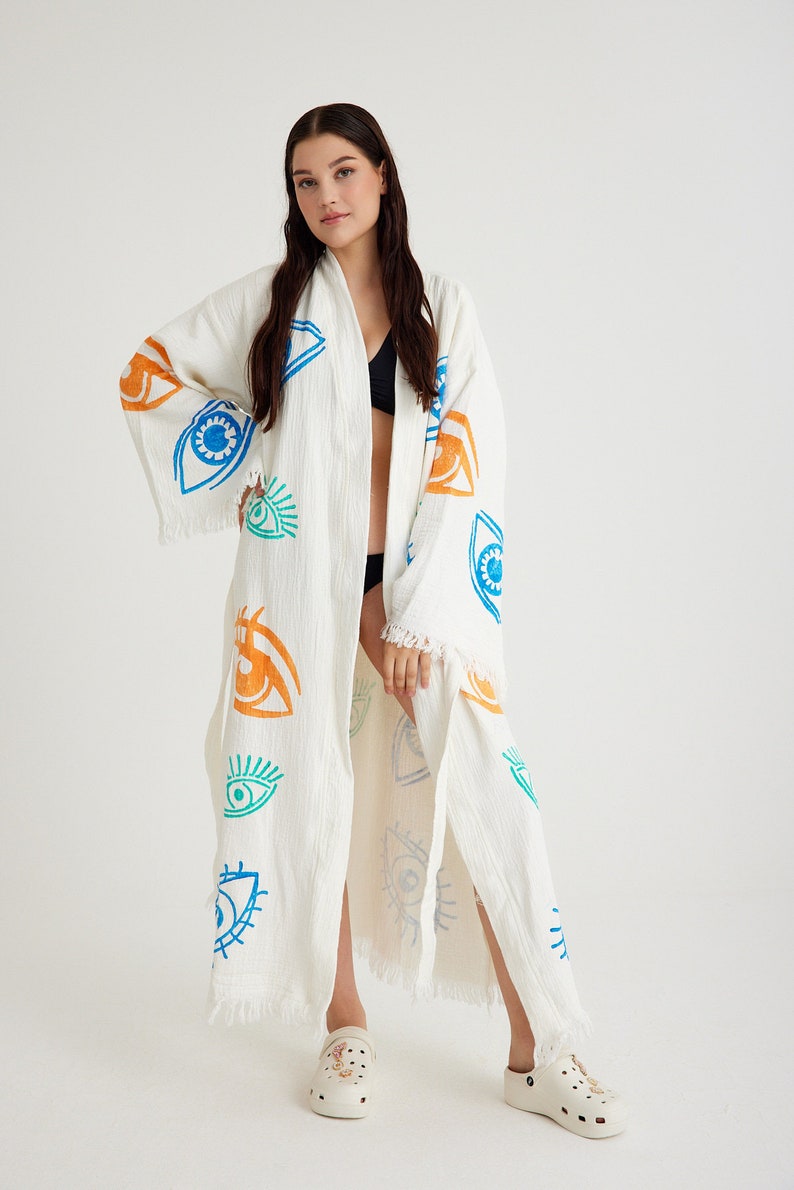 Handmade Evil Eye Muslin Kimono, Ethnic Kaftan, Dressing Gown, , Organic Cotton Bathrobe, Yoga Robe, Muslin Boho Cardigan image 6