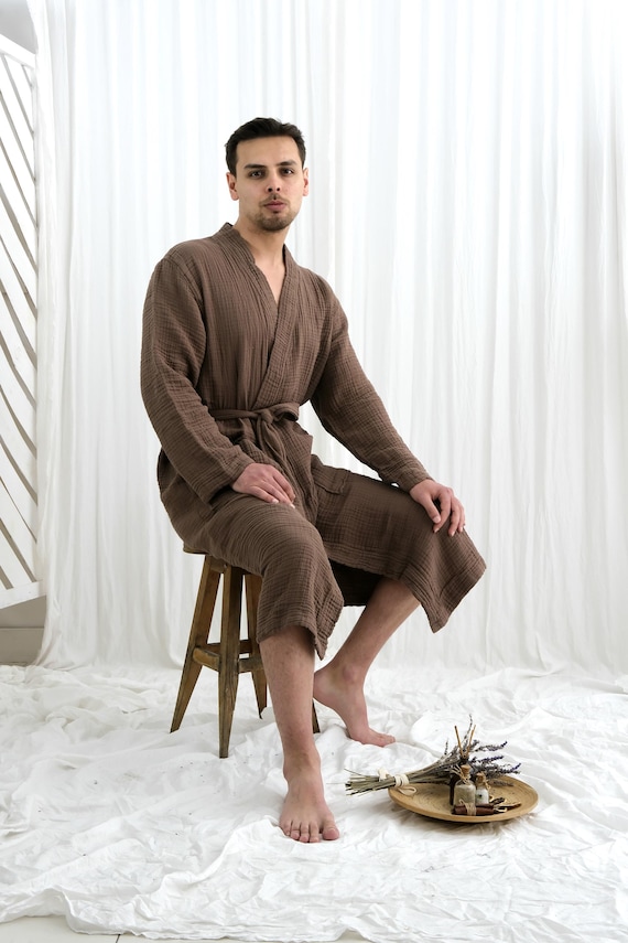 100% Turkish Cotton Mens Robe, Gauze Muslin Housecoat, Extra Soft Unisex Bathrobe