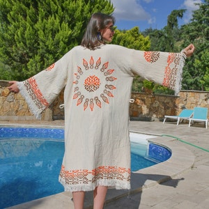 Handgemachter Musselin Kimono: Boho Kaftan Robe aus Bio-Baumwolle