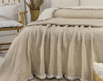 Dekbed van biologisch katoenen mousseline, kingsize plaid, zachte katoenen quilt