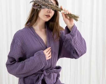 Organic Cotton Muslin Robe: Unisex Kimono Dressing Gown