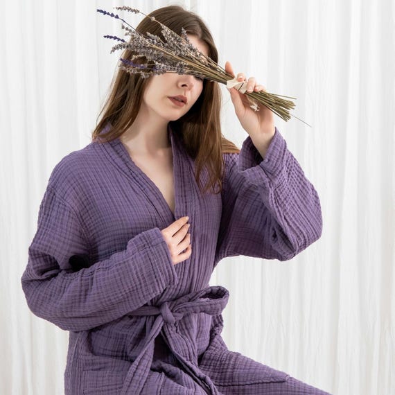 fitted lace wedding dress TBATM Womans Kimono Robes, Four Seasons Luxury 100% Cotton Dressing Gown,  with Pockets & Belt Lengthen Bathrobe for Home Christmas Party Gifts  Pajamas,Purple,L at Amazon Women's Clothing store main image 1