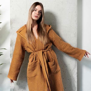 Unisex Waffle Robe from Organic Cotton, Handmade Dressing Gown, Soft Cotton Bathrobe with Hood and Pocket, Luxury Cotton Robe