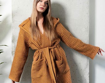 Unisex Waffle Robe from Organic Cotton, Handmade Dressing Gown, Soft Cotton Bathrobe with Hood and Pocket, Luxury Cotton Robe