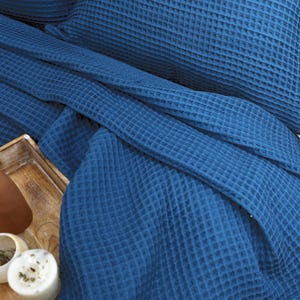 May include: Close-up of a blue waffle-weave fabric, possibly a blanket or bedding. The fabric has a textured, grid-like pattern. The image shows folds and shadows, highlighting the texture and color of the material. The overall theme suggests home textiles.