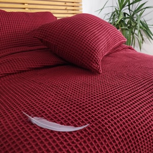 Red Cherry Waffle Weave Cotton Bedding, Boho Textured Blanket, Custom Size Throw