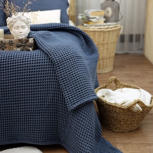 Bio Waffel Baumwolle Tagesdecke, Weiche Baumwolle Bettdecke, Luxus Waffel Decke, %100 Baumwolle King Size Bettdecke, Für Bett und Sofa werfen Anthracite Blue