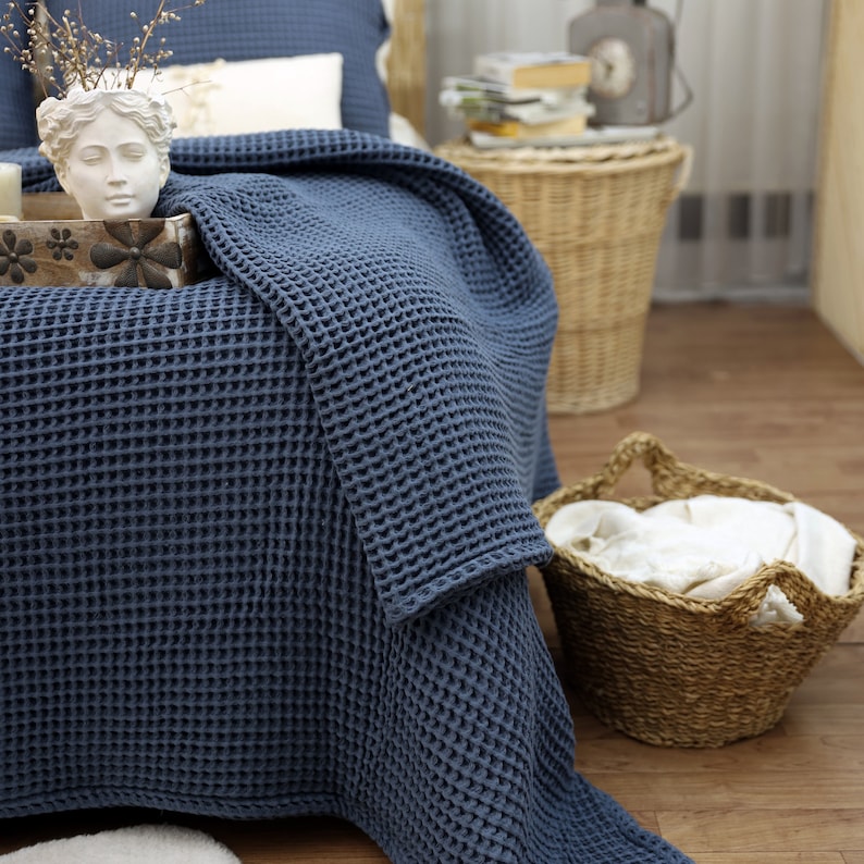 Bio Waffel Baumwolle Tagesdecke, Weiche Baumwolle Bettdecke, Luxus Waffel Decke, %100 Baumwolle King Size Bettdecke, Für Bett und Sofa werfen Anthracite Blue