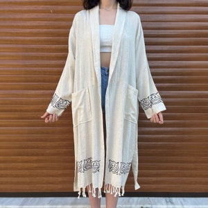 Organic Handmade Linen Robe, Soft and Lightweight Linen Kimono, Pockets Linen Dressing Gown, Linen Boho Cardigan, Linen Loungewear image 4