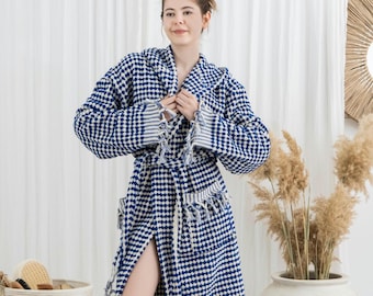 Turkish Cotton Bathrobe, Multicolor Pom Pom Tassels, Unisex Hooded Robe