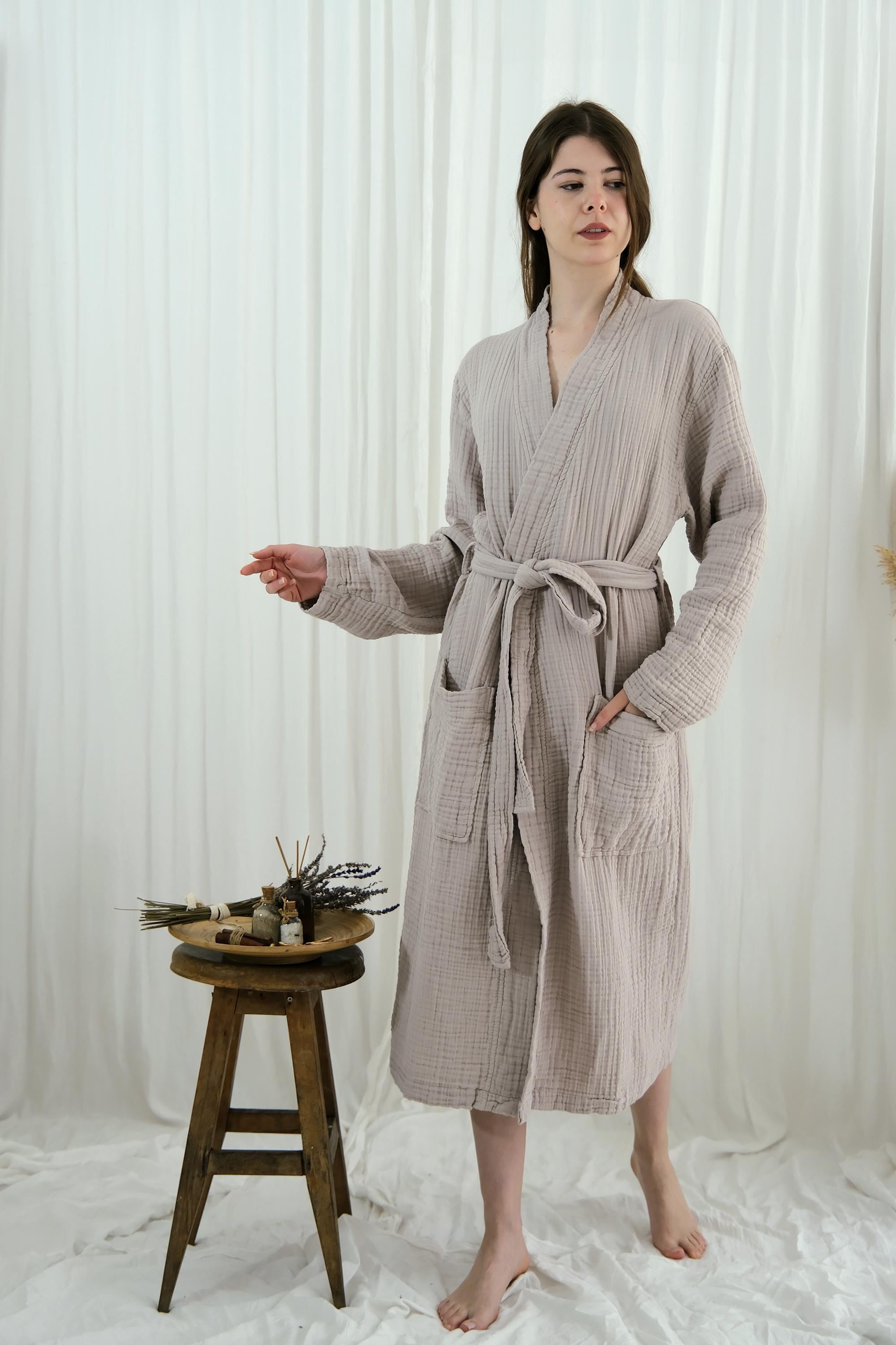 cotton muslin dressing gown ORMES Muslin Unisex Bathrobe Women & Men, 100% Cotton Kimono Lightweight Robe