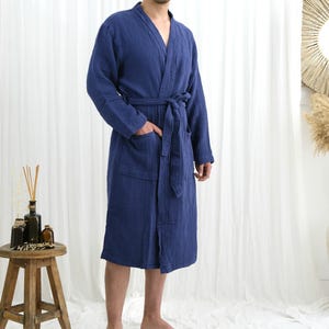 100 % turkisk bomullsmorgonrock för män, muslinskal av gasväv, extra mjuk unisexmorgonrock Navy Blue