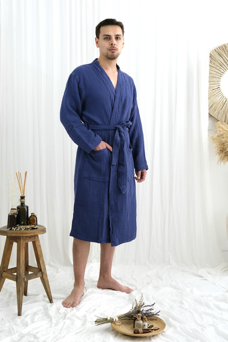 100 % turkisk bomullsmorgonrock för män, muslinskal av gasväv, extra mjuk unisexmorgonrock Navy Blue