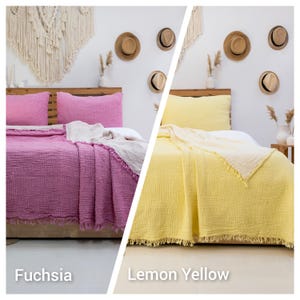 May include: Two beds with bedding in fuchsia and lemon yellow. Each bed has a matching pillow and a fringed throw blanket. The fuchsia bed is on the left, and the lemon yellow bed is on the right. The text "Fuchsia" and "Lemon Yellow" are below the beds.