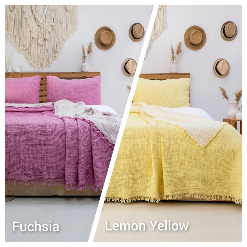 May include: Two beds with bedding in fuchsia and lemon yellow. Each bed has a matching pillow and a fringed throw blanket. The fuchsia bed is on the left, and the lemon yellow bed is on the right. The text "Fuchsia" and "Lemon Yellow" are below the beds.