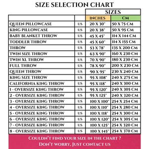 May include: A size selection chart for various bedding items, including pillowcases, throws, and blankets. The chart lists sizes in inches and centimeters, such as a Queen Pillowcase at 20 x 30 inches (50 x 75 cm). The chart also includes a note to contact the seller if the desired size is not listed.