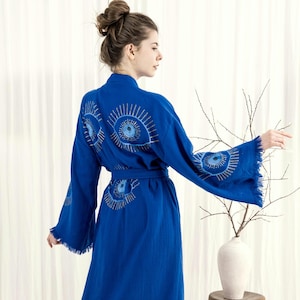 Block Printed Evil Eye Muslin Kimono, Soft Cotton Dressing Gown, Cotton Morning Robe, Cozy Lounge Wear, Boho Festival Robe