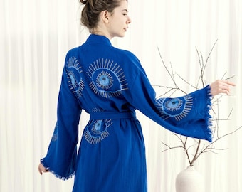 Block Printed Evil Eye Kimono: Organic Turkish Cotton Muslin Robe