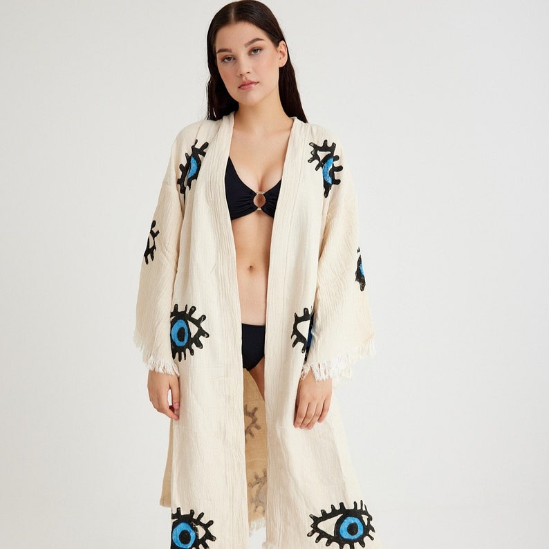 Kimono en mousseline Evil Eye fait main, caftan ethnique, robe de chambre, peignoir en coton bio, robe de yoga, cardigan boho en mousseline Blue Evil Eye