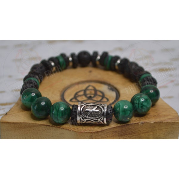 Seer's Vision Norse Rune Bracelet, Personalized, Malachite, Lava Stone, Unisex, Runic Bracelet