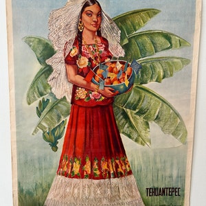 Cartel turístico mexicano original de mediados de siglo para Tehuantepec (no es una reproducción)