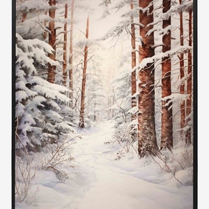 Snow Covered Forest with Trail Print in Watercolor, Tall Pine Trees, Decorative Printable Wall Art | Wall Art | Digital Download