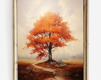 Fall Maple Tree Painting, Deep Orange, Vintage Style Print, Decorative Printable Wall Art | Wall Art | Digital Download