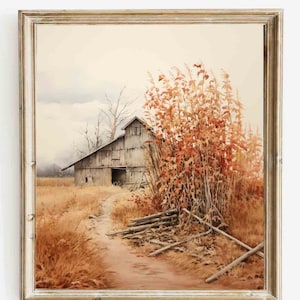 秋の納屋の水彩画、素朴な納屋の水彩画、秋の水彩画プリント | ウォールアート | デジタルダウンロード