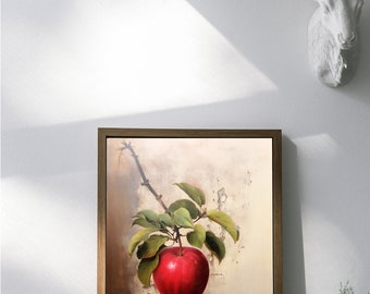 May include: A framed painting of a single red apple on a branch with green leaves against a textured beige background.