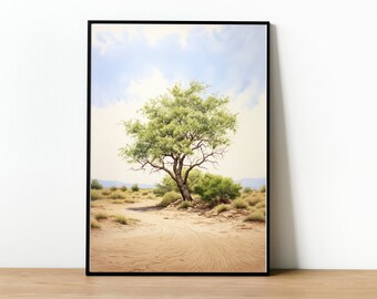 May include: A painting of a lone tree in a desert landscape. The tree has green leaves and a brown trunk. The sky is blue with white clouds. The ground is sandy and there is a path leading to the tree.