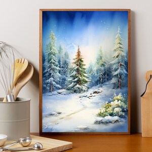 Snow Covered Pine Tree in Forest Watercolor Painting, Northern Light ...