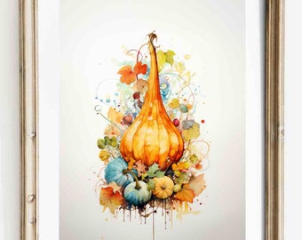 Fall Gourd Watercolor Painting, Pumpkin Printable Wall Art, Fall Decor, Decorative Printable Wall Art | Wall Art | Digital Download