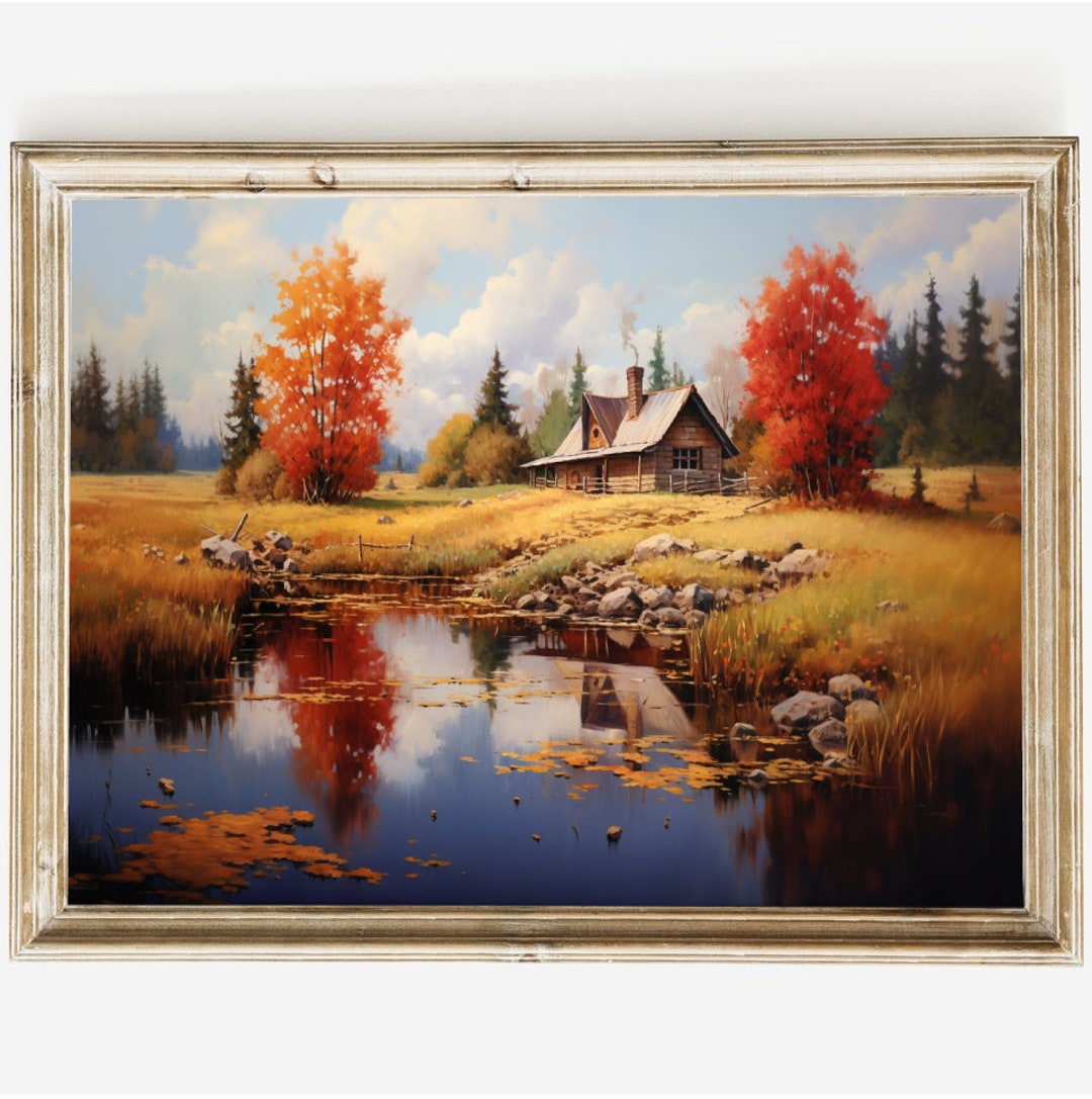 Vintage Lakeside Cottage Oil Painting | Wall Art | Digital Download - Etsy